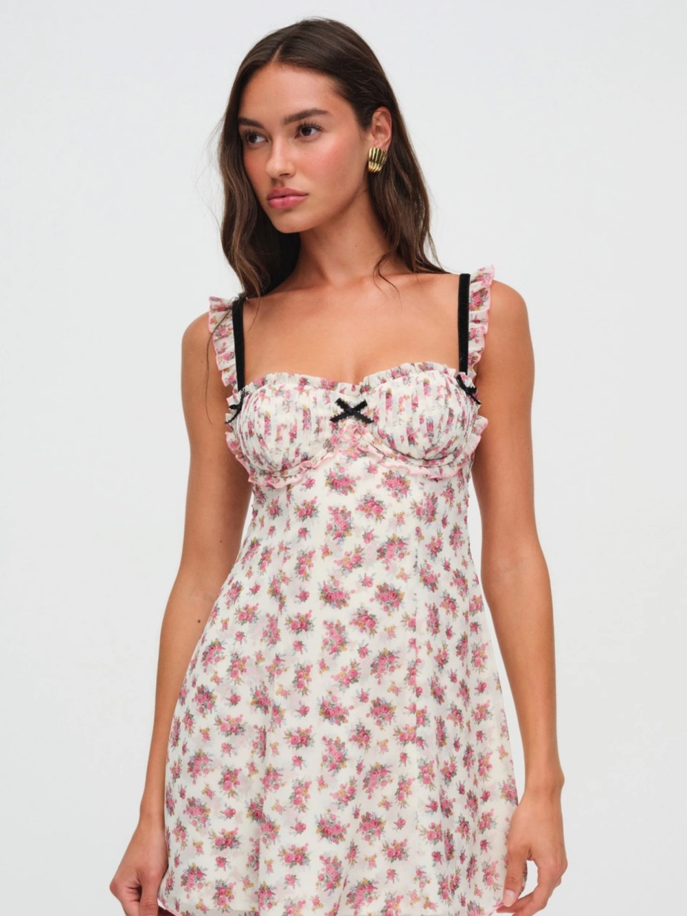 For Love & Lemons Cream Mini Dress with Pink Floral Print